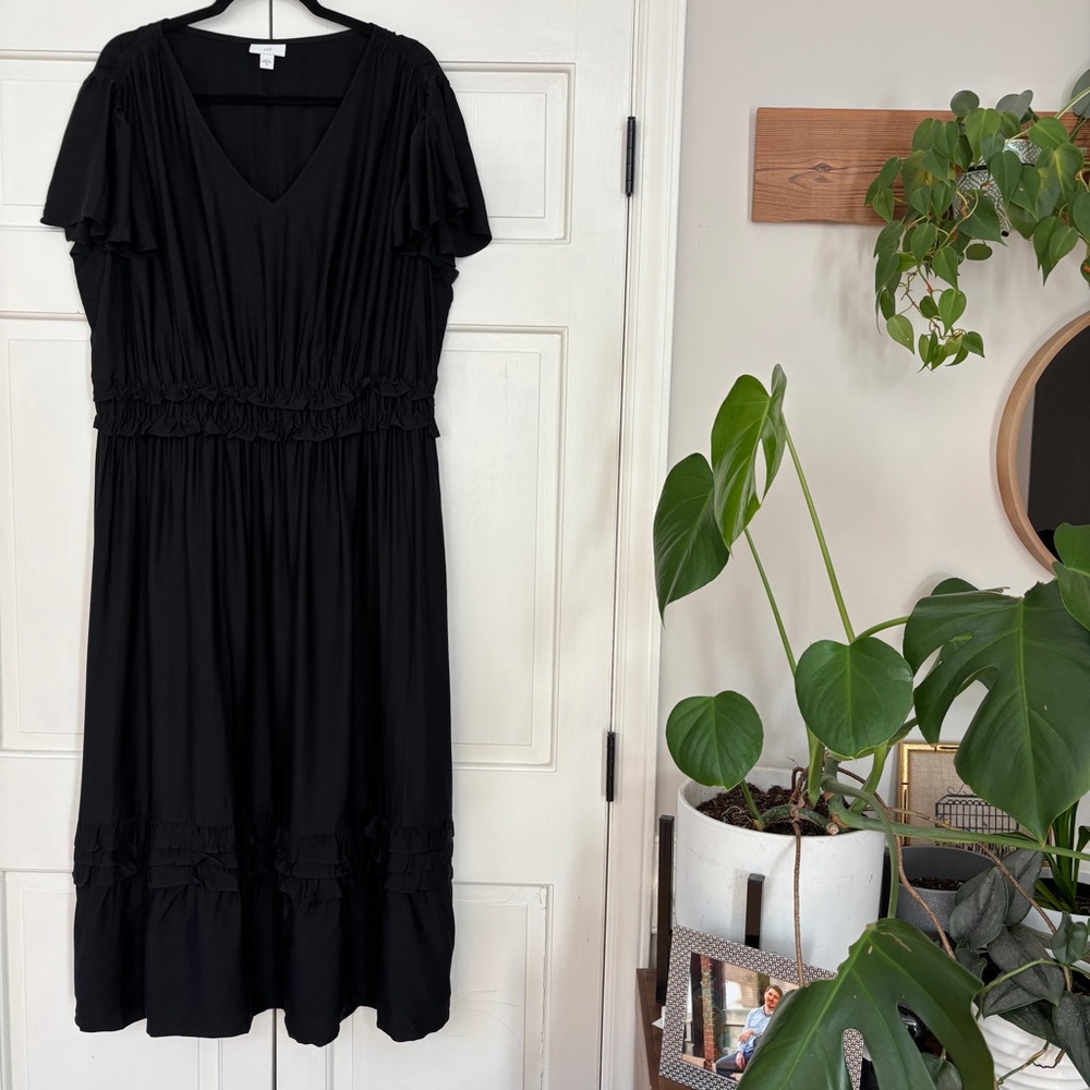 J. Jill Black Midi Dress Plus Size 2X Flutter Sleeve Ruffle Waist V-Neck Solid